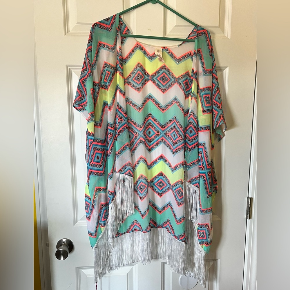 Multicolor Geometric Fringe Kimono Top